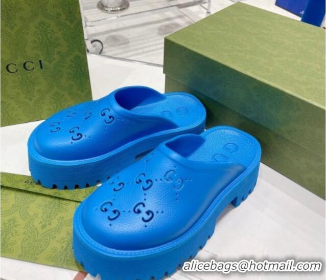 Luxury Gucci Rubber Platform Perforated G Mules Blue 0809125