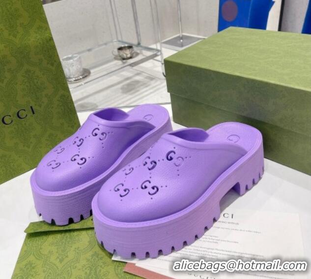 Unique Style Gucci Rubber Platform Perforated G Mules Purple 0809131