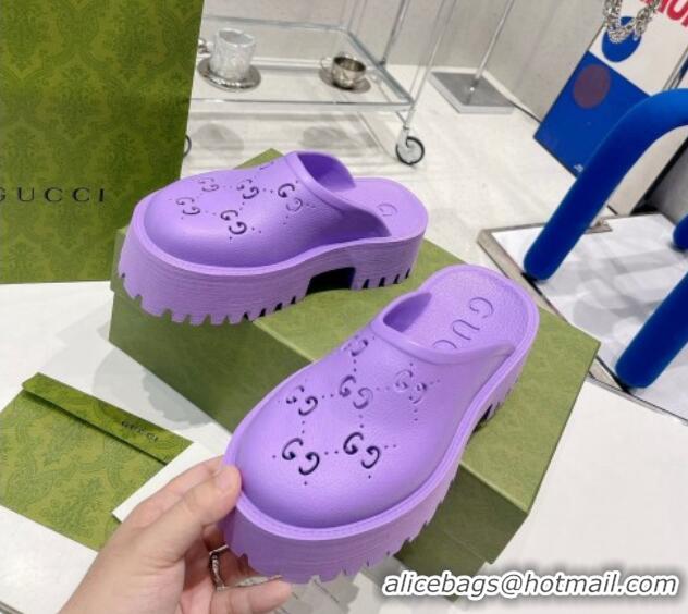 Unique Style Gucci Rubber Platform Perforated G Mules Purple 0809131