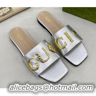 Low Price Gucci 'Gucci' Flat Slide Sandal Silver 081002