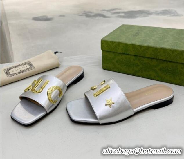 Low Price Gucci 'Gucci' Flat Slide Sandal Silver 081002