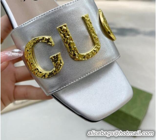 Low Price Gucci 'Gucci' Flat Slide Sandal Silver 081002