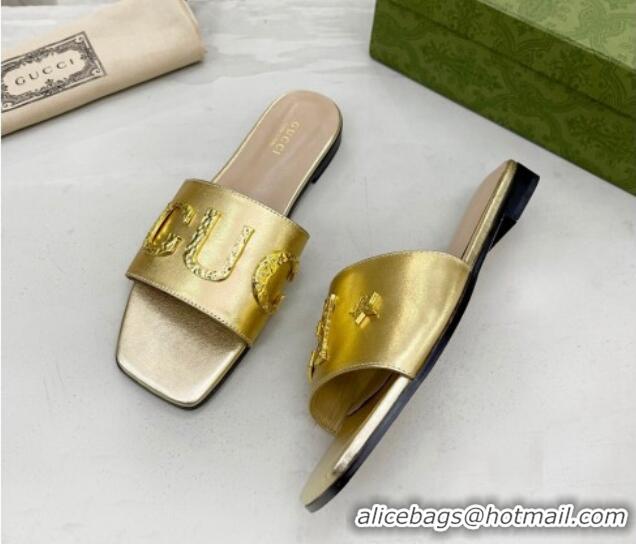 Pretty Style Gucci 'Gucci' Flat Slide Sandal Gold 081003