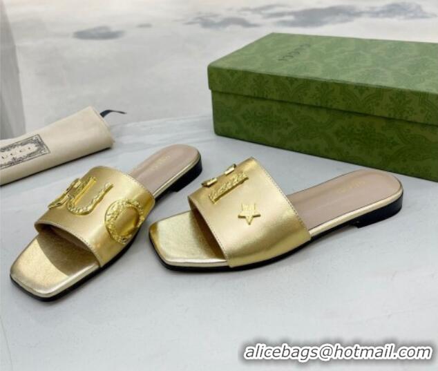 Pretty Style Gucci 'Gucci' Flat Slide Sandal Gold 081003