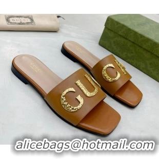 Luxury Gucci 'Gucci' Flat Slide Sandal Brown 081008