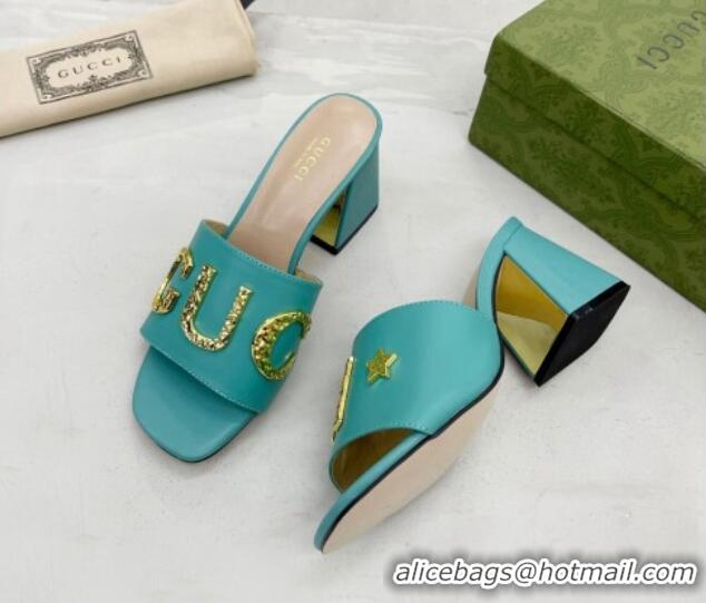 Unique Style Gucci 'Gucci' Medium Heel Slide Sandal 7.5cm Turquoise Green 081009