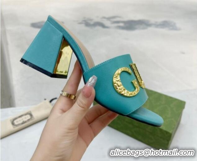 Unique Style Gucci 'Gucci' Medium Heel Slide Sandal 7.5cm Turquoise Green 081009