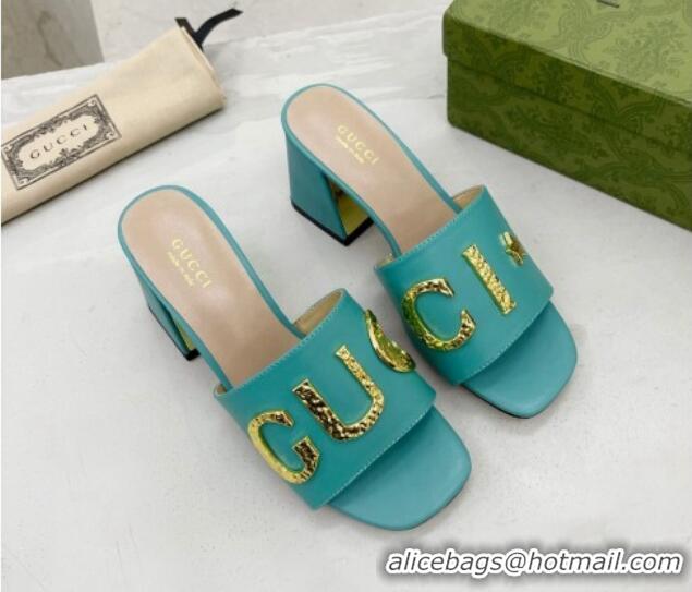 Unique Style Gucci 'Gucci' Medium Heel Slide Sandal 7.5cm Turquoise Green 081009