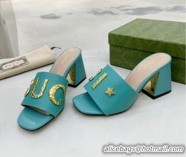 Unique Style Gucci 'Gucci' Medium Heel Slide Sandal 7.5cm Turquoise Green 081009