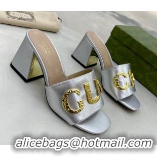 Popular Style Gucci 'Gucci' Medium Heel Slide Sandal 7.5cm Silver 081011