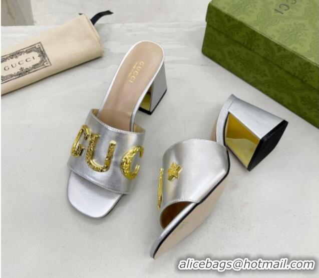 Popular Style Gucci 'Gucci' Medium Heel Slide Sandal 7.5cm Silver 081011