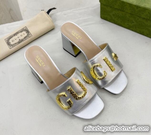 Popular Style Gucci 'Gucci' Medium Heel Slide Sandal 7.5cm Silver 081011