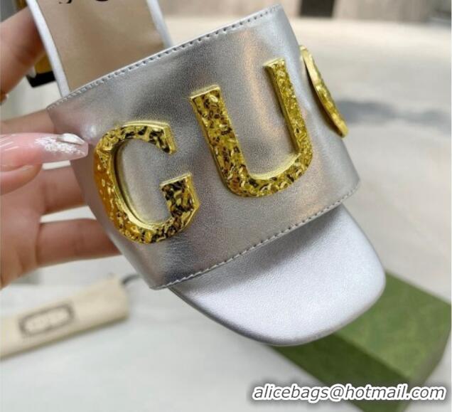 Popular Style Gucci 'Gucci' Medium Heel Slide Sandal 7.5cm Silver 081011