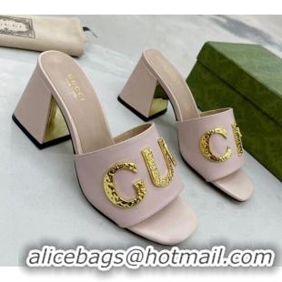 Discount Gucci 'Gucci' Medium Heel Slide Sandal 7.5cm Light Pink 081013