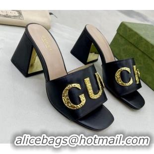 Shop Duplicate Gucci 'Gucci' Medium Heel Slide Sandal 7.5cm Black 081016