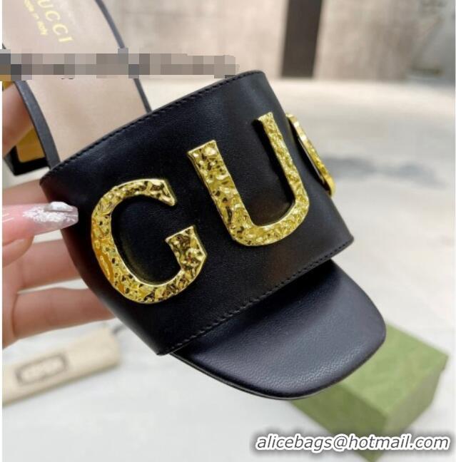 Shop Duplicate Gucci 'Gucci' Medium Heel Slide Sandal 7.5cm Black 081016