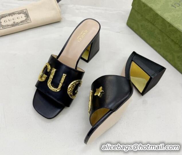 Shop Duplicate Gucci 'Gucci' Medium Heel Slide Sandal 7.5cm Black 081016