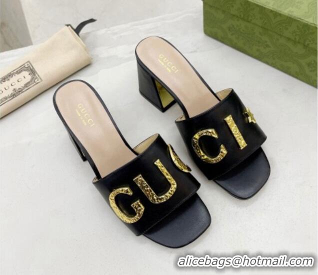 Shop Duplicate Gucci 'Gucci' Medium Heel Slide Sandal 7.5cm Black 081016