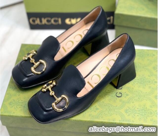 Top Grade Gucci Leather Mid-heel Pumps 7.5cm with Horsebit Black 081017