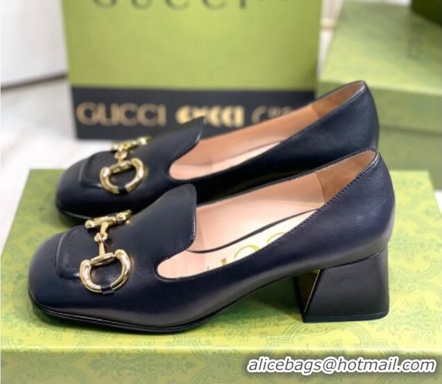 Top Grade Gucci Leather Mid-heel Pumps 7.5cm with Horsebit Black 081017