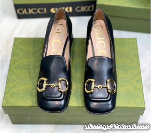 Top Grade Gucci Leather Mid-heel Pumps 7.5cm with Horsebit Black 081017