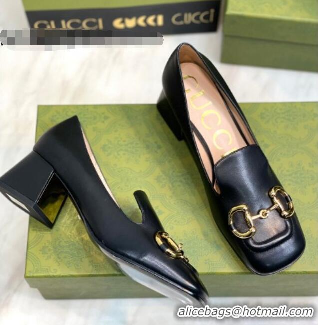 Top Grade Gucci Leather Mid-heel Pumps 7.5cm with Horsebit Black 081017