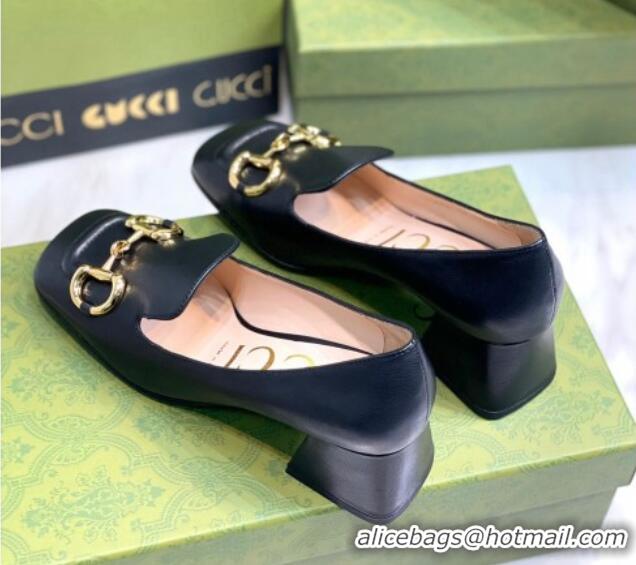 Top Grade Gucci Leather Mid-heel Pumps 7.5cm with Horsebit Black 081017