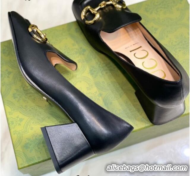 Top Grade Gucci Leather Mid-heel Pumps 7.5cm with Horsebit Black 081017