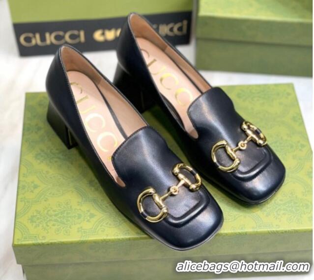 Top Grade Gucci Leather Mid-heel Pumps 7.5cm with Horsebit Black 081017