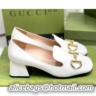 Classic Hot Gucci Leather Mid-heel Pumps 7.5cm with Horsebit White 081018