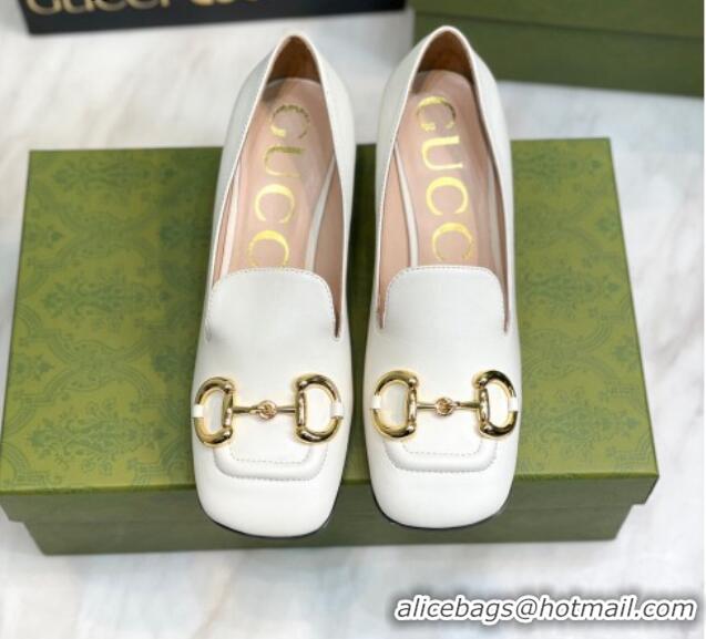 Classic Hot Gucci Leather Mid-heel Pumps 7.5cm with Horsebit White 081018