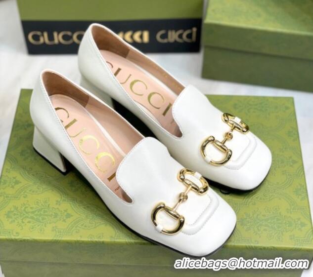 Classic Hot Gucci Leather Mid-heel Pumps 7.5cm with Horsebit White 081018