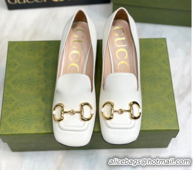 Classic Hot Gucci Leather Mid-heel Pumps 7.5cm with Horsebit White 081018