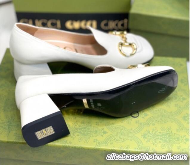 Classic Hot Gucci Leather Mid-heel Pumps 7.5cm with Horsebit White 081018