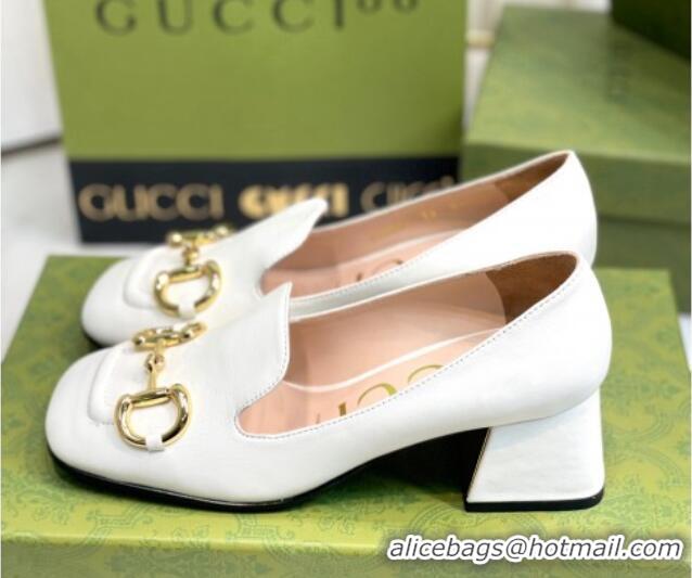 Classic Hot Gucci Leather Mid-heel Pumps 7.5cm with Horsebit White 081018