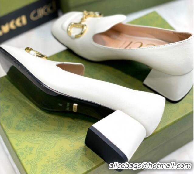 Classic Hot Gucci Leather Mid-heel Pumps 7.5cm with Horsebit White 081018