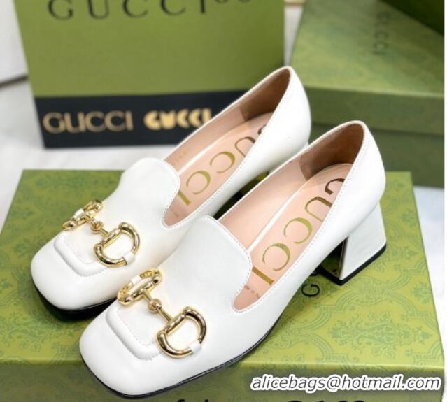 Classic Hot Gucci Leather Mid-heel Pumps 7.5cm with Horsebit White 081018