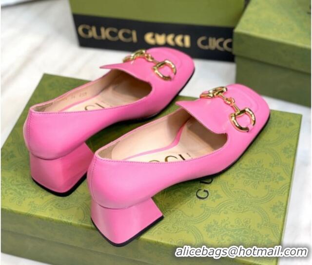 Good Quality Gucci Leather Mid-heel Pumps 7.5cm with Horsebit Pink 2081019