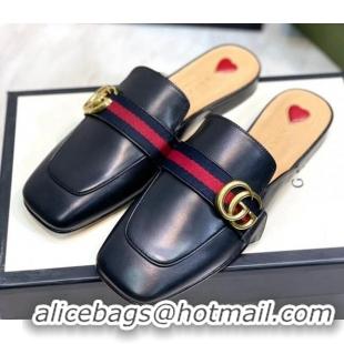 Lowest Price Gucci Leather Flat Mules with GG Web Black 081022