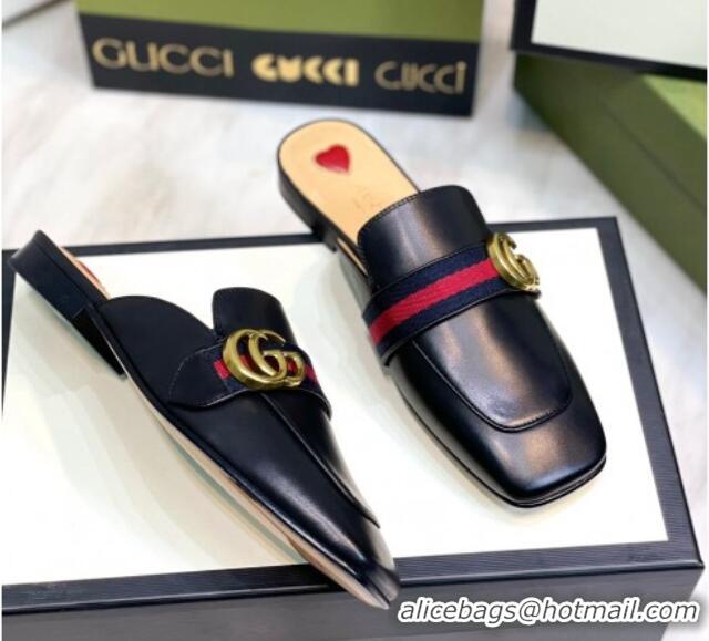 Lowest Price Gucci Leather Flat Mules with GG Web Black 081022