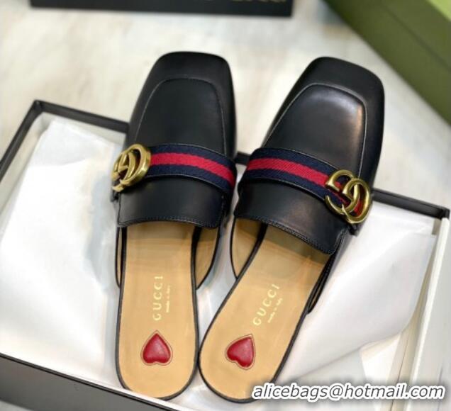 Lowest Price Gucci Leather Flat Mules with GG Web Black 081022