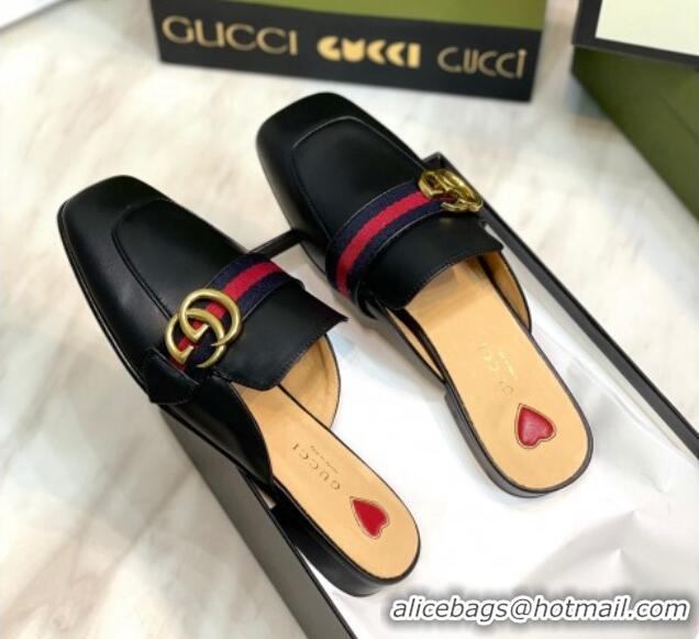 Lowest Price Gucci Leather Flat Mules with GG Web Black 081022