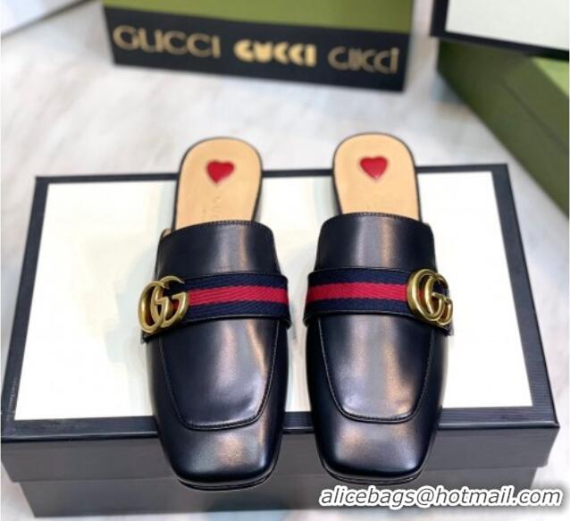 Lowest Price Gucci Leather Flat Mules with GG Web Black 081022