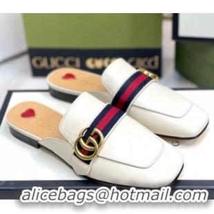 Best Price Gucci Leather Flat Mules with GG Web White 2081023