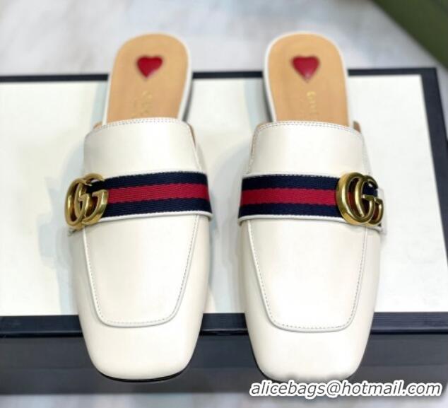 Best Price Gucci Leather Flat Mules with GG Web White 2081023