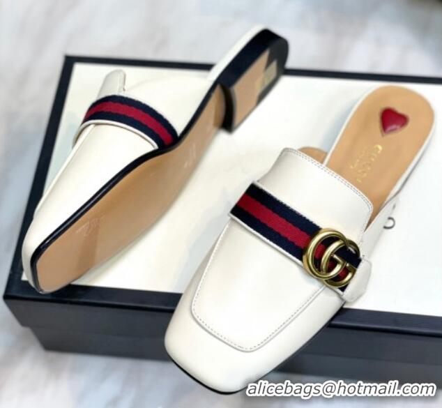 Best Price Gucci Leather Flat Mules with GG Web White 2081023