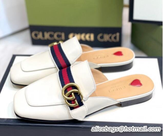 Best Price Gucci Leather Flat Mules with GG Web White 2081023