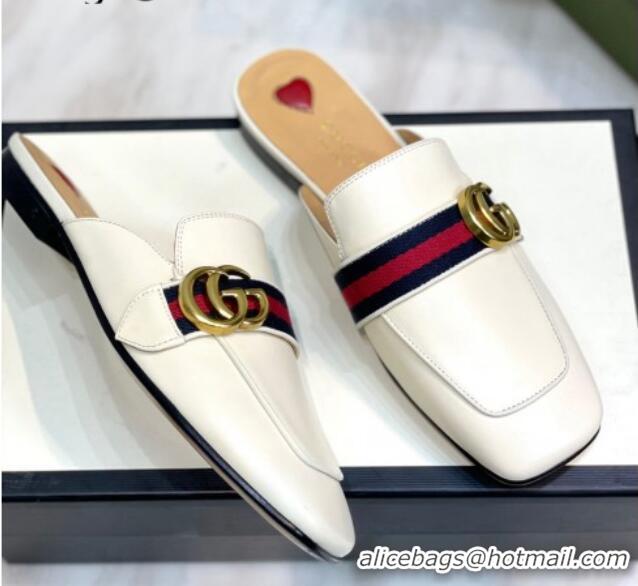 Best Price Gucci Leather Flat Mules with GG Web White 2081023