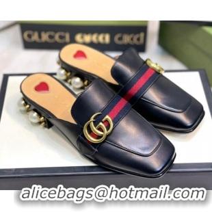 Discount Gucci Leather GG Mules with Pearl Heel 3cm Black 081024