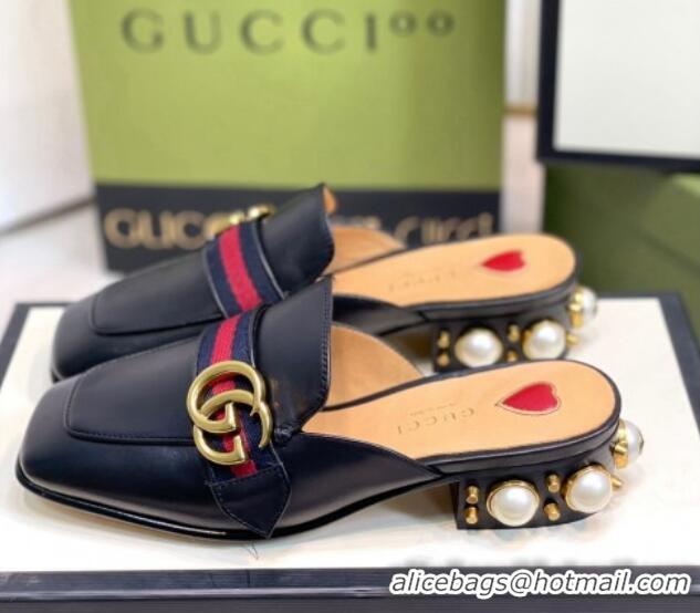 Discount Gucci Leather GG Mules with Pearl Heel 3cm Black 081024